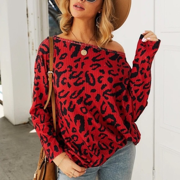 Tops - SOLD OUT CLEARANCE Red Leopard Waffle Off Shoulder Long Sleeve Top